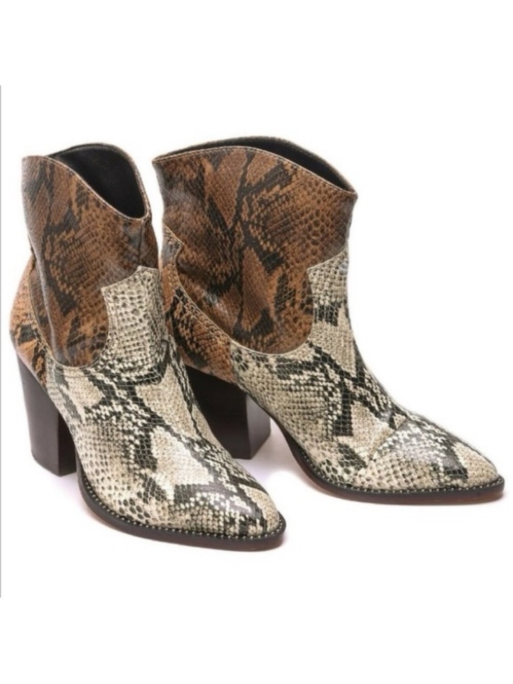 SCHUTZ Haven Two-Tone Brown & Cream Snakeskin Ankle Western Booties